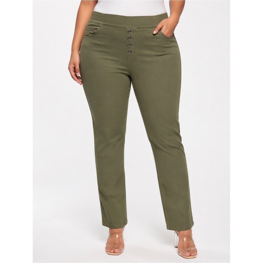 DQ² by DQ Collection Olive Green Pull-On Skinny Pants 2X Button Front Stretch
